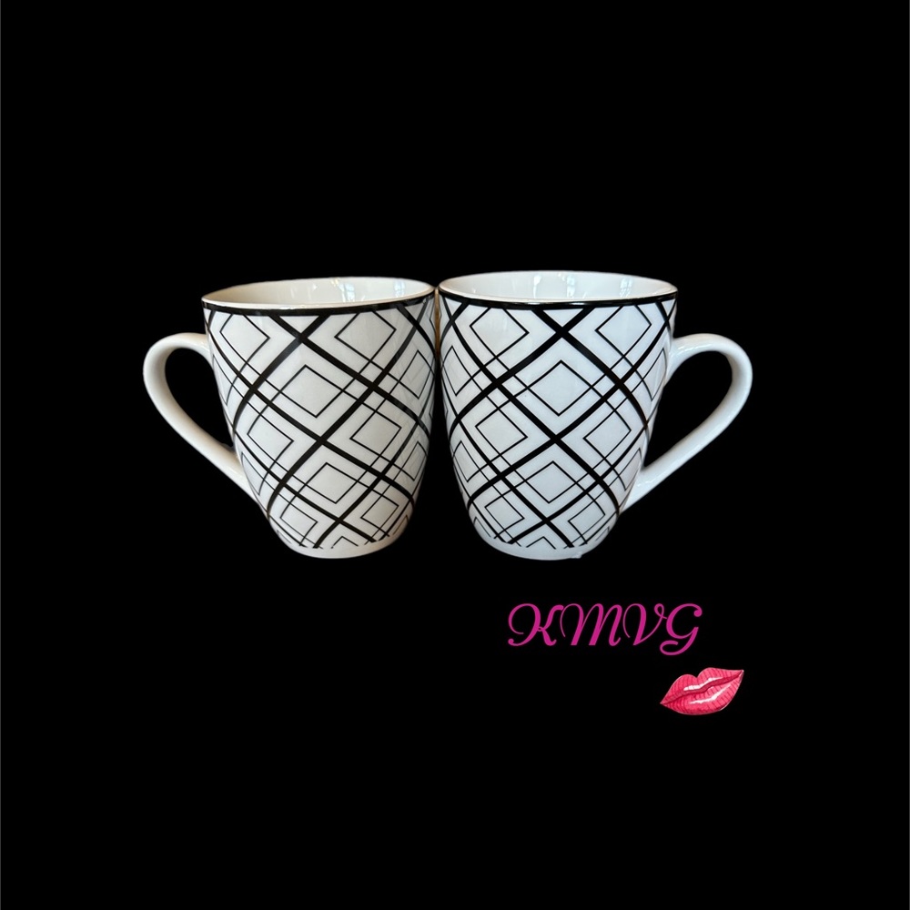 Dover & York Black & White Geometric Pattern Ceramic Mugs Cups New Set of 2